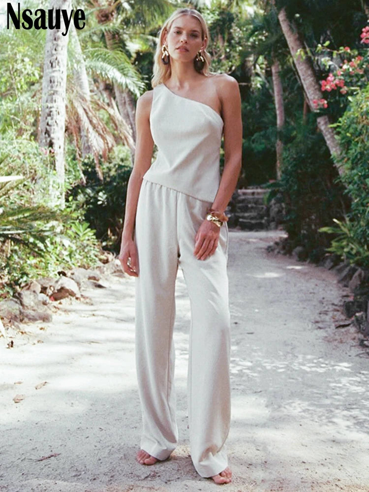 Nsauye Summer Casual Women Fashion Tracksuit Pants Two Piece Set White Hollow Out Backless Skinny Tops Long Pants Sexy Set 2025