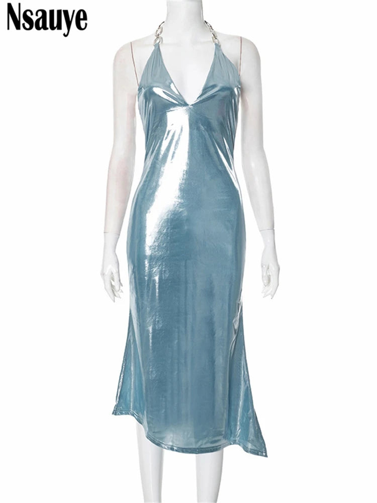 Nsauye 2025 New Fashion Women Halter Midi Bodycon Sexy Evening Dress Party Night Club Wrap Off Shoulder Dress Elegant Summer