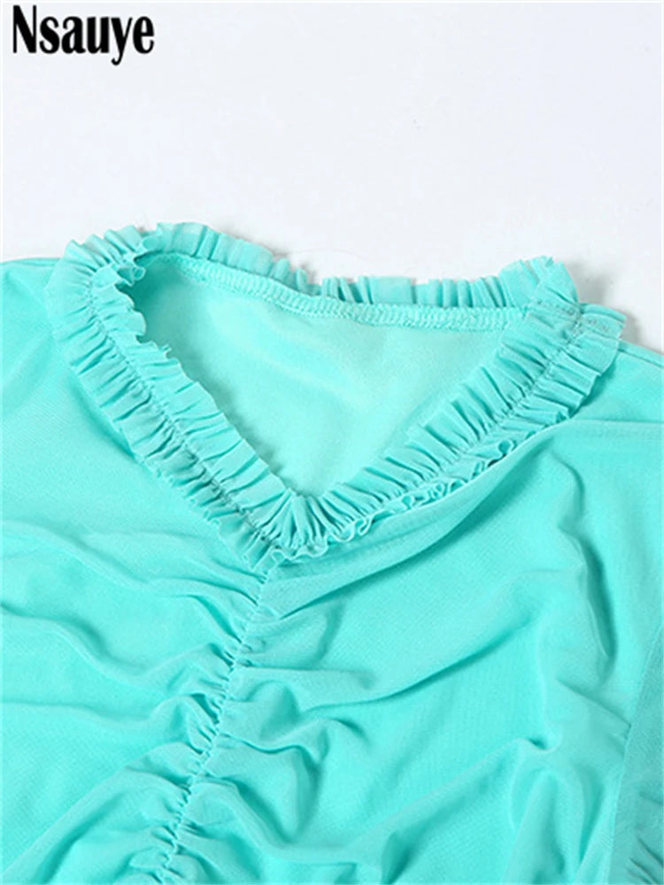 Nsauye Mesh Long Sleeve Pullover Sexy Women Night Club Ruffles Evening Party Dress Hollow Out Fashion Summer Elegant Dress 2025