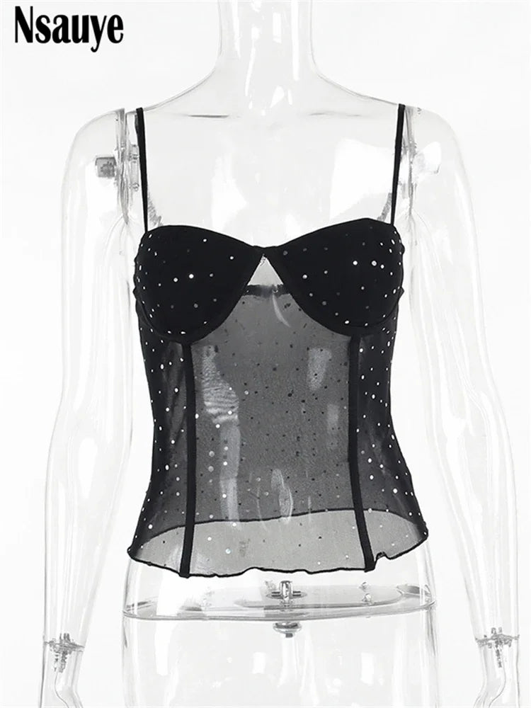 Nsauye Black See Through Mesh Camis Crop Tops Women Winter 2023 Y2K Clothes Sleeveless Sexy Tank Tops Aesthetic Tees Female