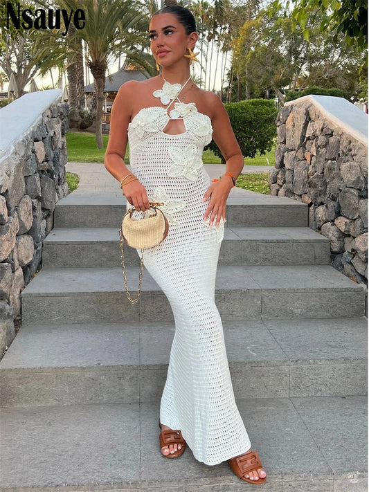 Nsauye Sexy Flower Knitted Wrap Fashion Holiday Summer Beach Dress Women Long Halter Hollow Out Club Evening Party Dresses 2024