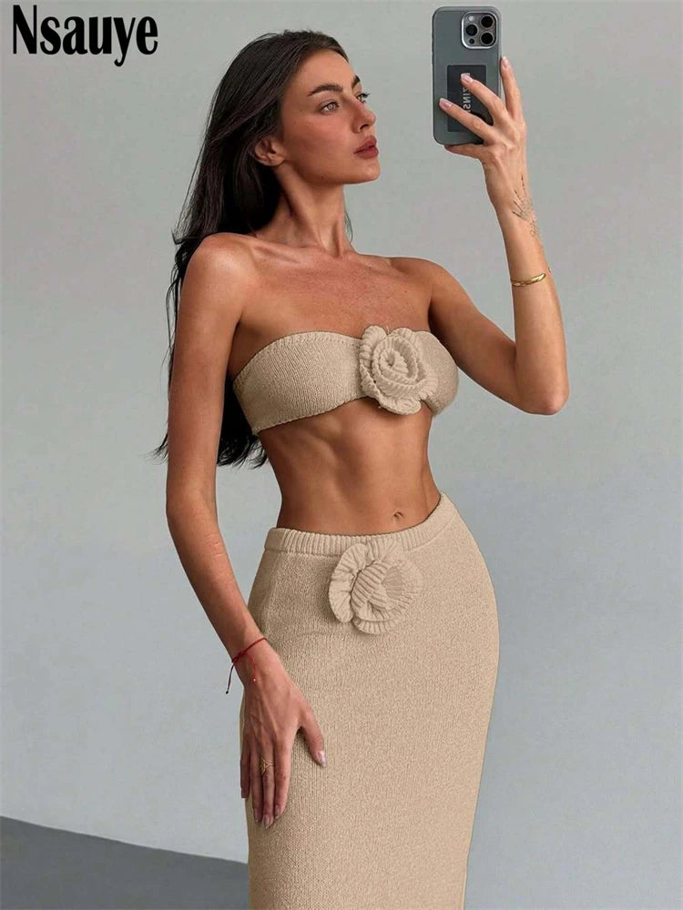 Nsauye 2025 Summer Beach Bohemian Knitted Skinny Women Bikini Crop Tops Flowers Wrap Long Skirt Sexy Party Fashion Two Piece Set