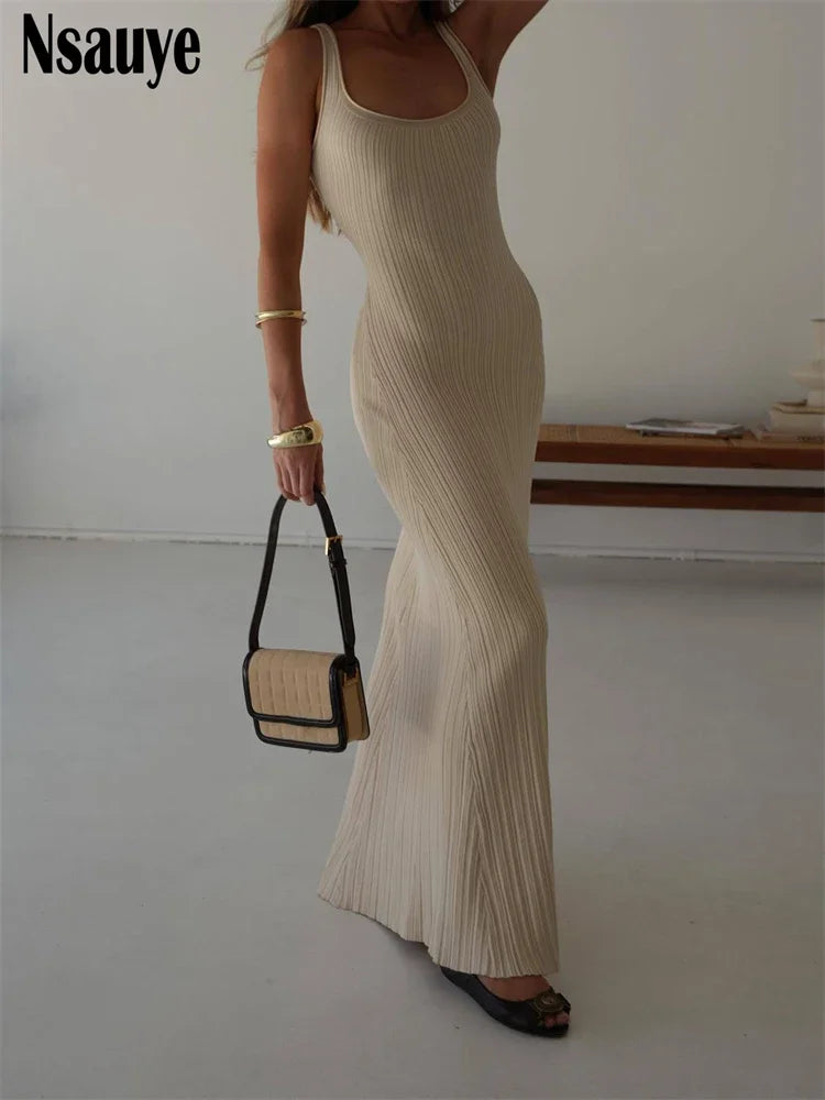 Nsauye Knitted Elegant Women Sexy Backless Beach Dress Club Party Night 2024 Spring Summer Female Backless Vacation Long Dresses