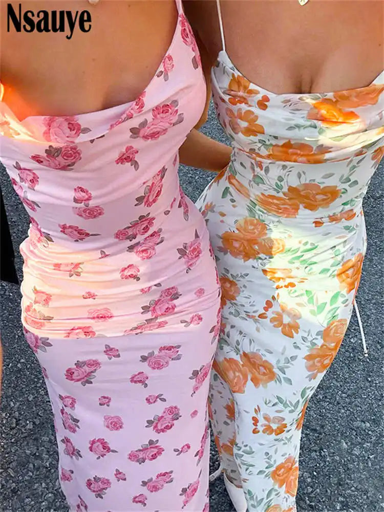 Nsauye 2025 Spring Summer Floral Print Spaghetti Strap Long Dresses Women Sleeveless Backless Bandage Women Elegant Party Dress