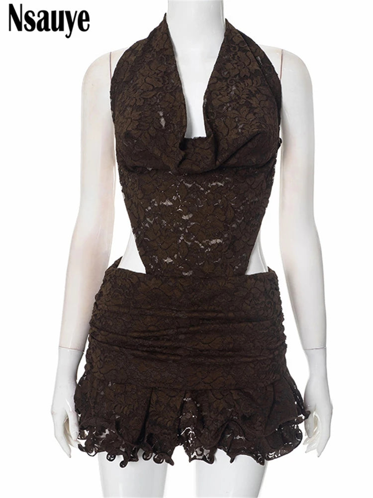 Nsauye 2025 Summer New Sexy Backless Bodycon Mini Dress Night Club Party Sleeveless Halter Fashion Lace Ruffles Women Vestidos