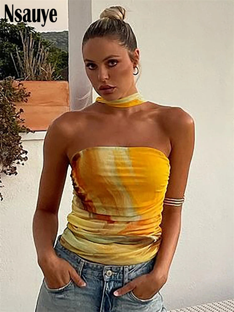 Nsauye 2025 New Sleeveless Halter Tie Dye Print Crop Top Streetwear Summer Women Clothes Y2K Sexy Backless Ruched Tank Tops Club