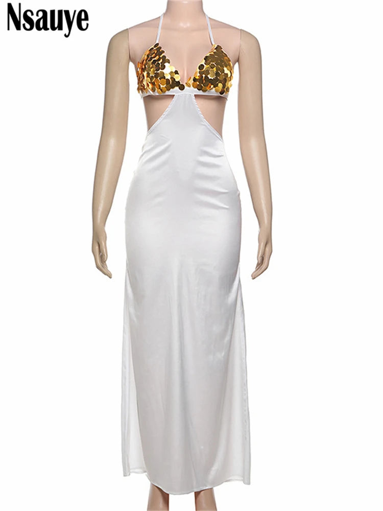 Nsauye Women Fashion Sexy Sequins V Neck Backless Slim Long Satin Dress Bodycon White 2025 Summer Night Club Evening Party Dress