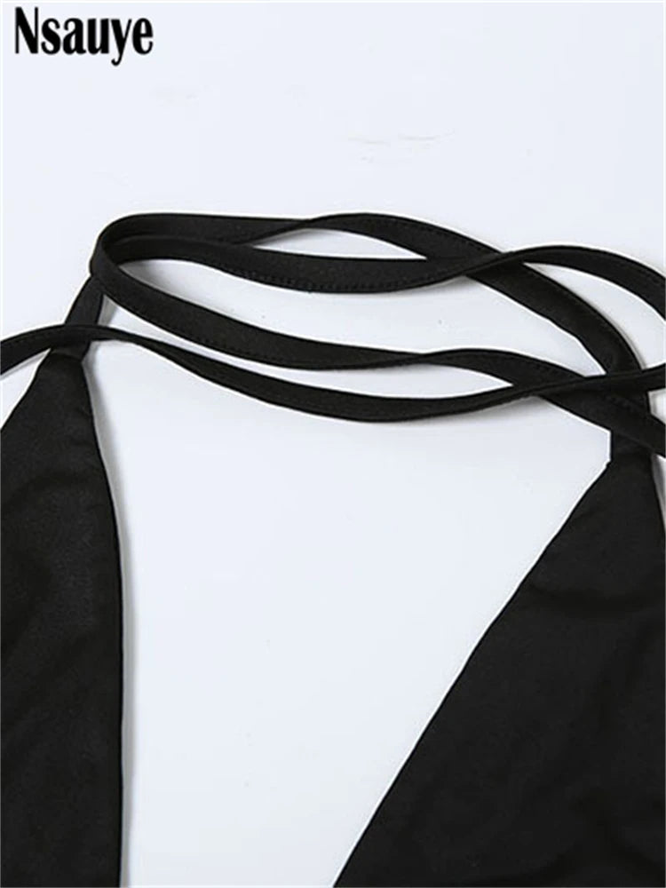 Nsauye Summer Halter Flower Sleeveless Hollow Out Long Dress Women Clothing Irregular Chic Backless Bandage Party Dresses 2025