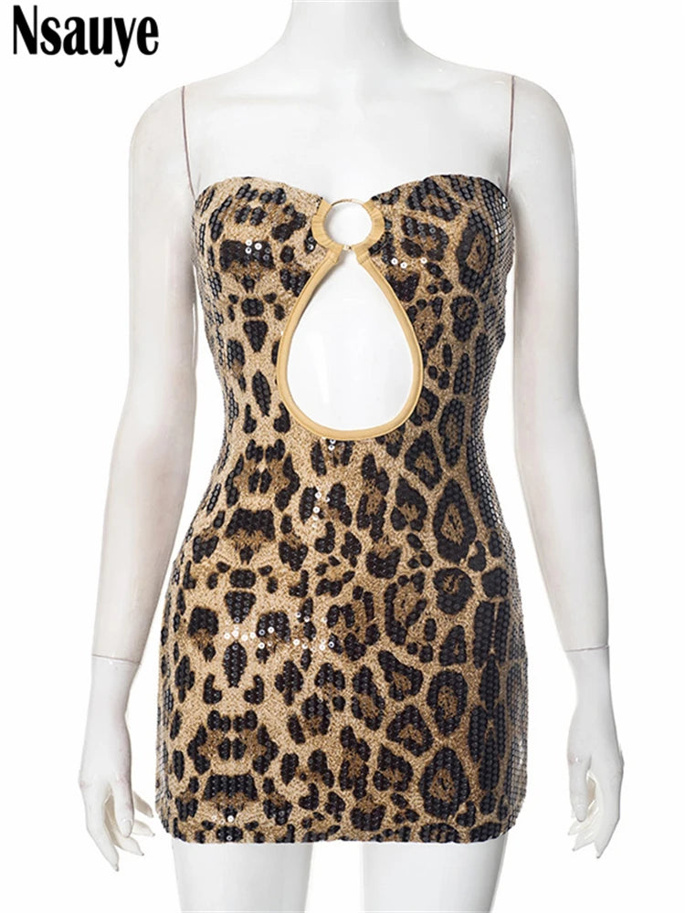 Nsauye Fashion Elegant Short Sexy Club Streetwear Leopard Print Summer Dress Strapless Evening Hollow Out Mini Party Dress 2025