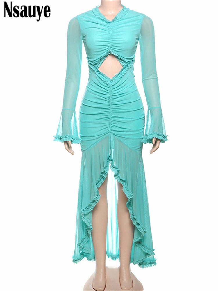 Nsauye Mesh Long Sleeve Pullover Sexy Women Night Club Ruffles Evening Party Dress Hollow Out Fashion Summer Elegant Dress 2025