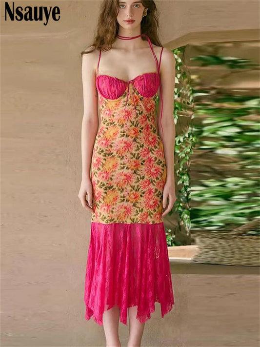 Nsauye 2025 Elegant Ruffles Sexy Spaghetti Strap Long Dress Summer Holiday Beach Party Club Floral Print Women Dress Fashion