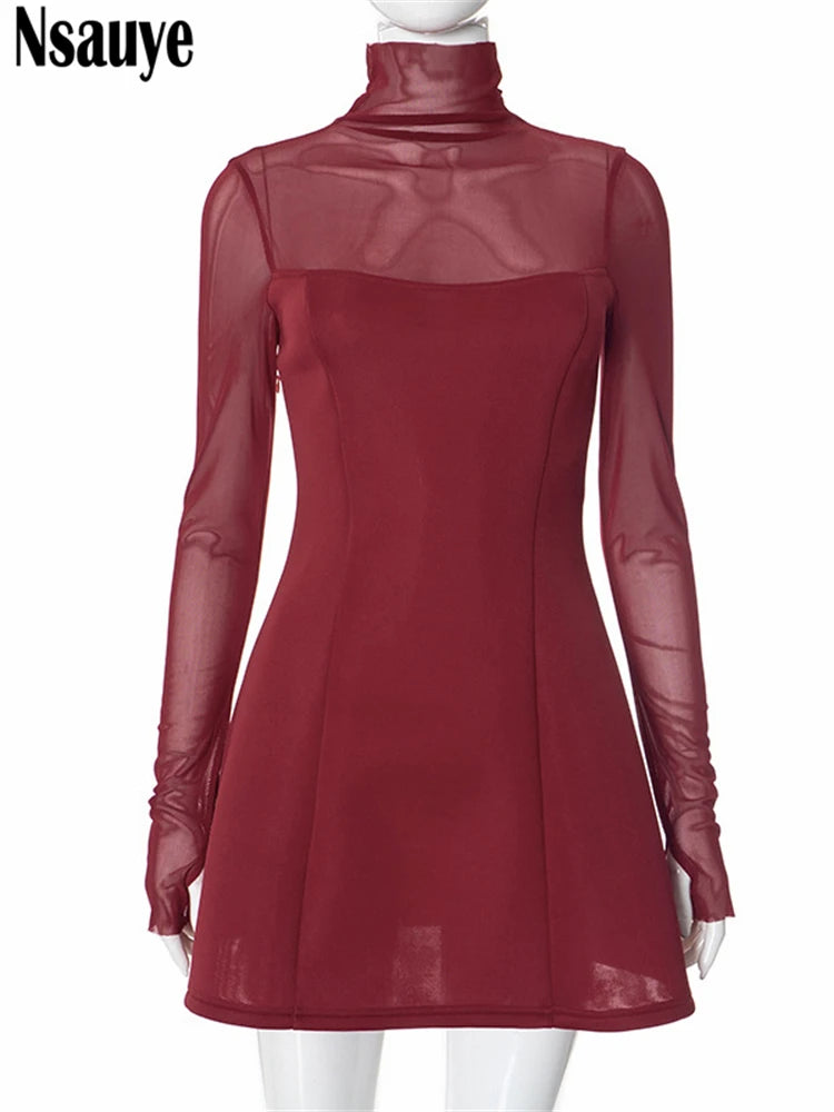 Nsauye Sexy Pullover Women Night Club Turtleneck Mesh Long Sleeve Evening Party Short Dress 2025 Fashion Elegant Summer Dress