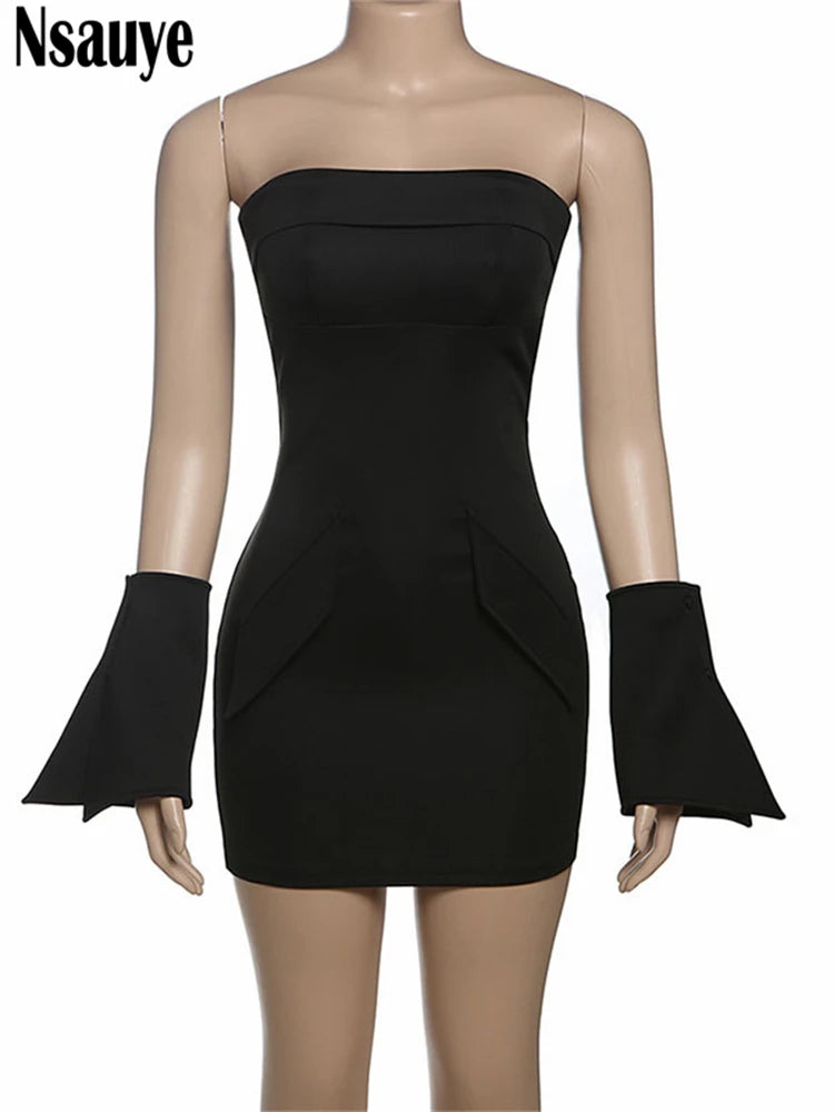 Nsauye Summer Fashion Chic Women Strapless High Waisted Elegant Short Dress Bodycon Sexy Night Club Party Evening Dress 2025