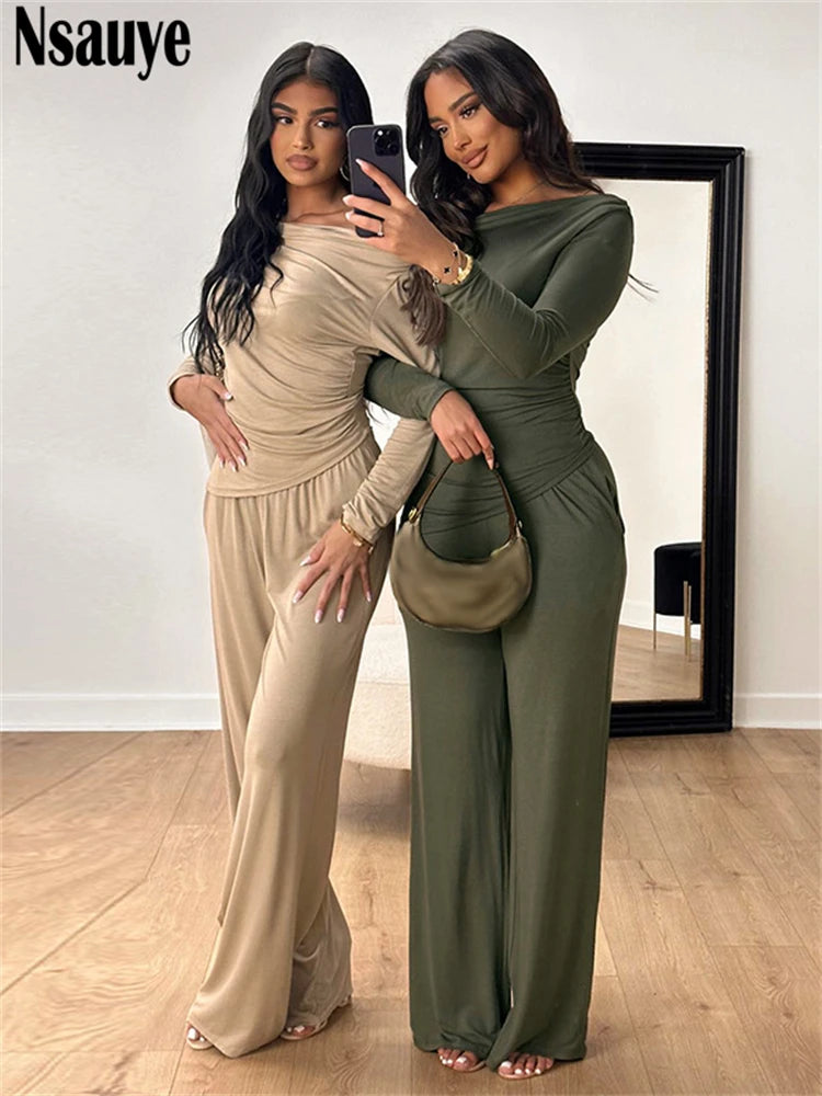 Nsauye Y2K Women Casual Autumn Tracksuit Long Pants Two Piece Set Ruched Streetwear Long Slevee Tops High Waisted Sexy Pants Set