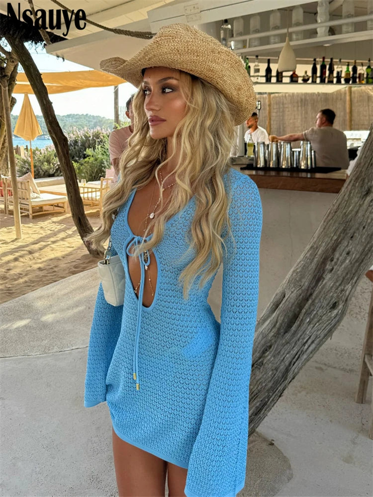 Nsauye Beach Dress Sexy Hollow Out Knitted 2025 Summer Vacation Short Dress Club Lace Up Long Sleeve See Through Party Dress