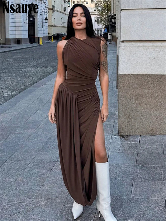 Nsauye New Female Fashion Long Sexy Backless Ruched Elegant Party Dress Low Waisted High Split Night Club Evening Winter Dresses