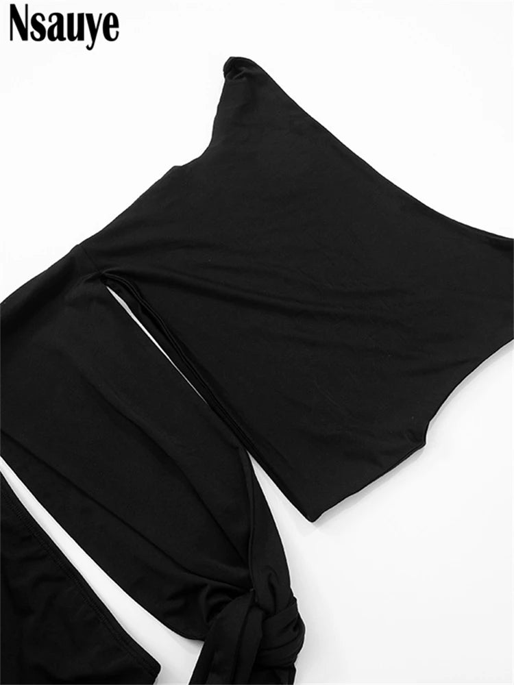 Nsauye Women Short Dress Bandage Wrap Hollow Out Sexy Mini Elegant New Fashion Evening Party Night Club Black Summer Dress 2025