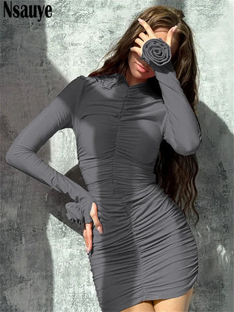 Nsauye 2024 Winter Women Long Sleeve O Neck Ruched Aesthetic Chic Flower Fashion Bodycon Winter Mini Dresses Evening Club Party