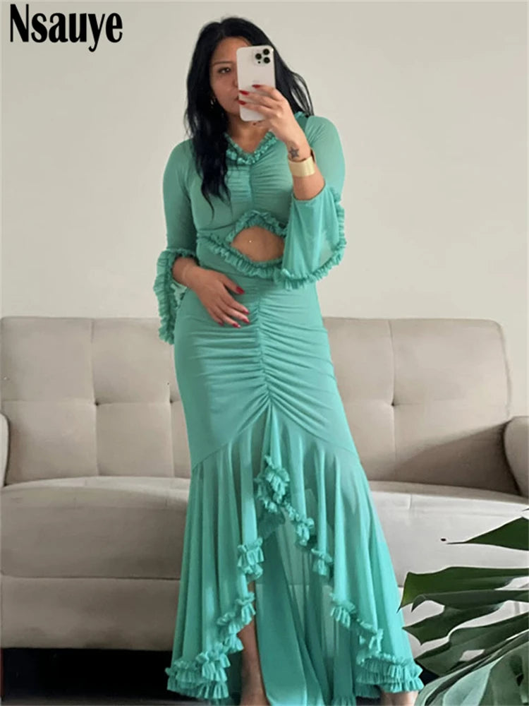 Nsauye Mesh Long Sleeve Pullover Sexy Women Night Club Ruffles Evening Party Dress Hollow Out Fashion Summer Elegant Dress 2025