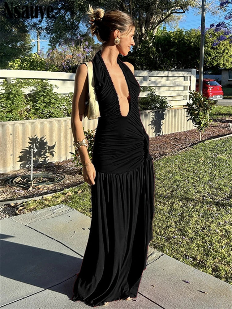 Nsauye Sexy Halter Night Club Ruched Low Cut Out High Waist Evening Party Dress Summer Women Long Holiday Beach Wrap Dress 2025