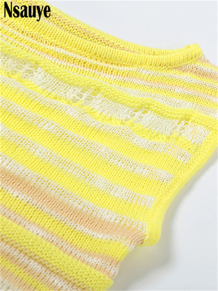 Nsauye Sexy Women Summer 2025 Hollow Out Sleeveless Y2K Vest Tops Knitted Striped Mini Casual Shorts Tracksuit Two Piece Set