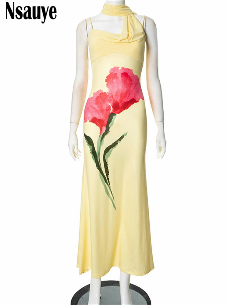 Nsauye 2025 Summer Holiday Party Spaghetti Strap Halter Long Dresses Women Clothing Elegant Sleeveless Floral Print Dress 2025