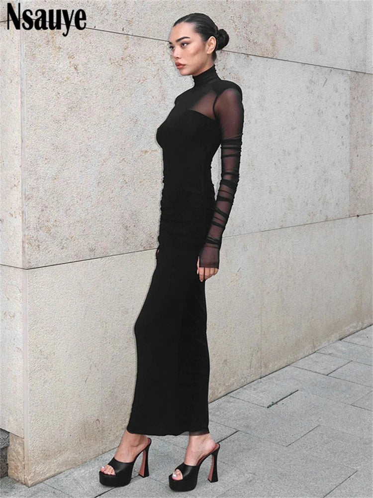 Nsauye Women Black Elegant Striped Mesh Long Sleeve Fashion Dress Autumn 2024 Sexy Evening Party Night Club Maxi Wrap Dress