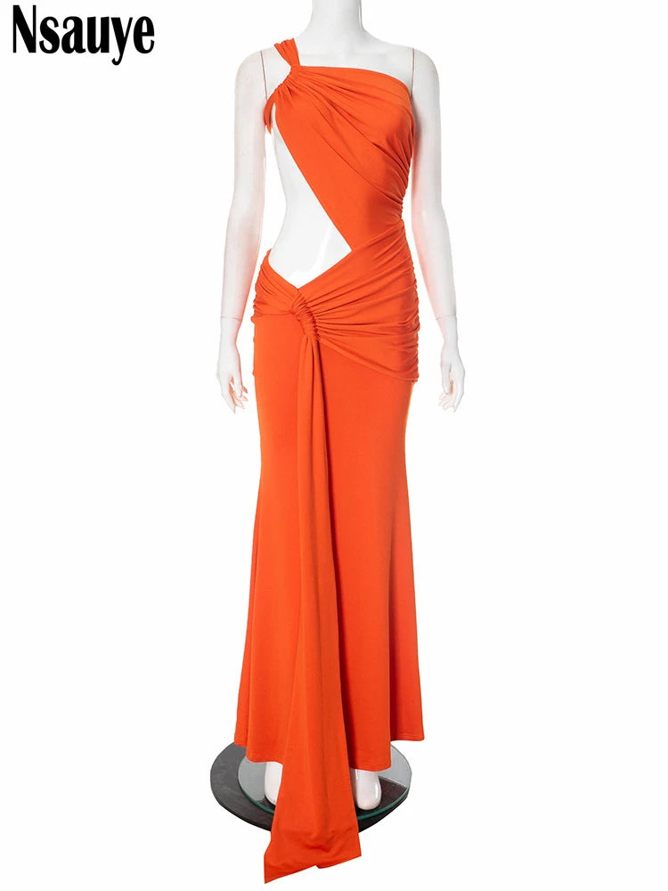 Nsauye One Shoulder Women Elegant Fashion Dress Long Sexy High Split Holiday Evening Party Club Hollow Out Dress 2025 Summer