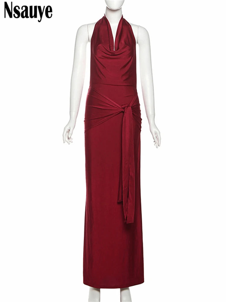 Nsauye Evening Dress Elegant New Fashion Summer Red Long Maxi Sexy Party Halter Women Clothing Vestidos Dress Night Club 2025