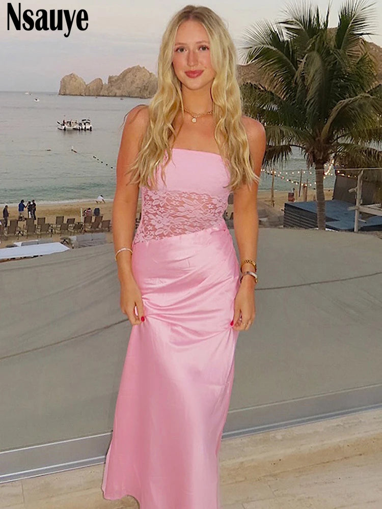 Nsauye 2025 Summer Evening Elegant Dress Long Women Fashion Sexy Lace See Through Party Night Club Strapless Beach Wrap Dresses