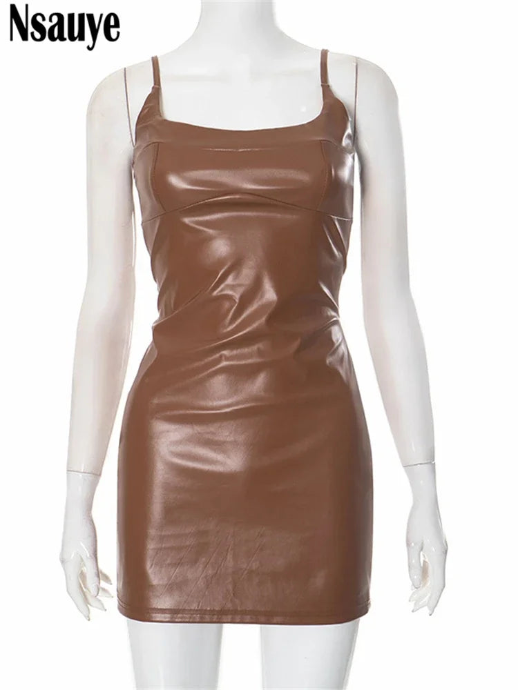 Nsauye Women Sexy Sleeveless Bodycon Mini Short Y2K Casual Club Dress Evening Party Leather Fashion Elegant Dress 2024 Winter