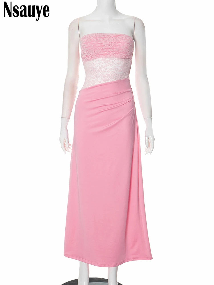 Nsauye 2025 Summer Evening Elegant Dress Long Women Fashion Sexy Lace See Through Party Night Club Strapless Beach Wrap Dresses
