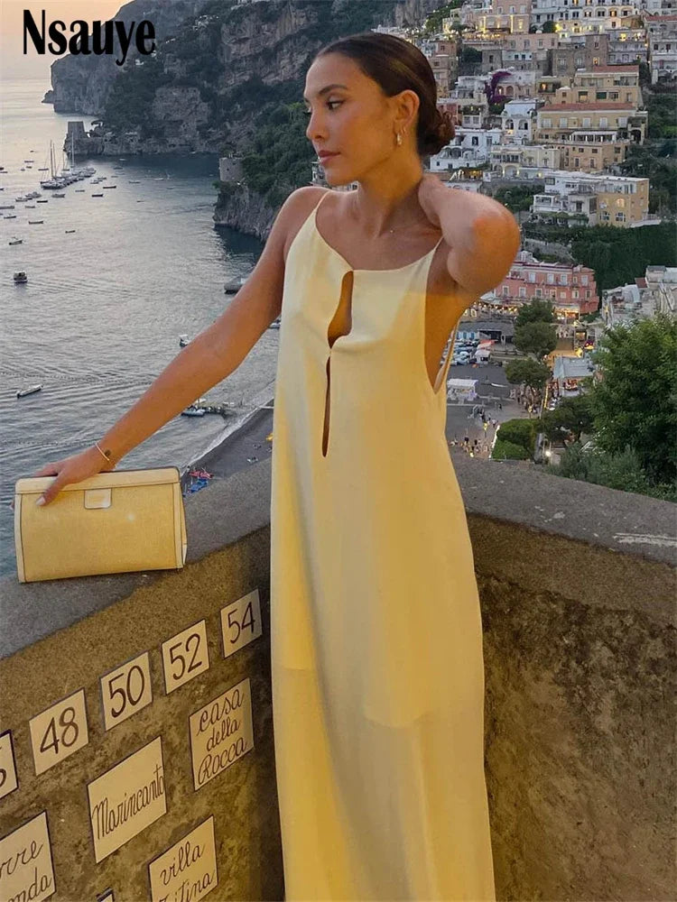 Nsauye Autumn Summer Satin Spaghetti Strap Sexy Backless Long Dresses Women Evening Party Club Elegant Sleeveless Night Sundress