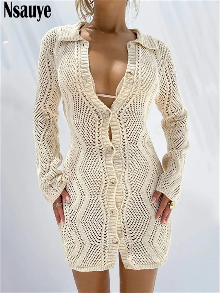 Nsauye Long Sleeve Hollow Out Sexy Club Fashion Women Knitted Cardigan Dress 2022 Casual Beach Wrap Mini Y2K Party Shirt Dress