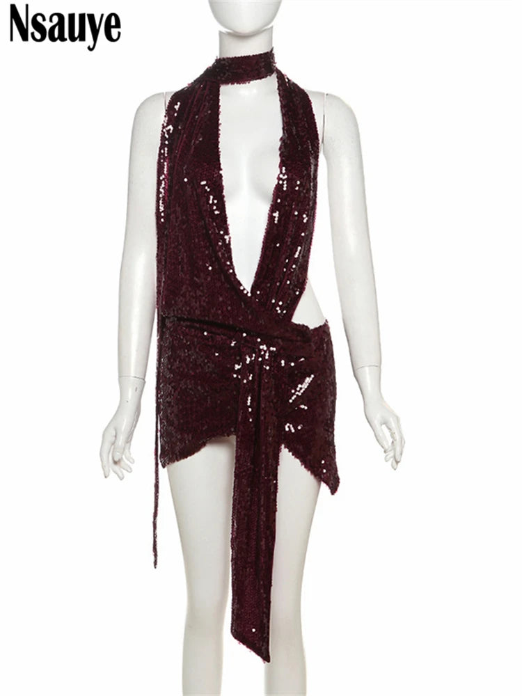 Nsauye Women Low Cut Out Sexy Fashion Elegant Sequins Short Bodycon Dress Mini Summer Night Club Party Summer Evening Dress 2025
