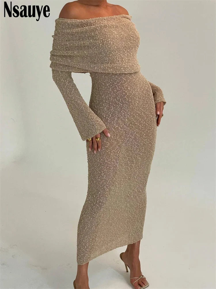 Nsauye Sexy Beach Holiday Women Long Sleeve Summer Maxi Club Dress Fashion Evening Party Knitted Bodycon Elegant Dress 2024