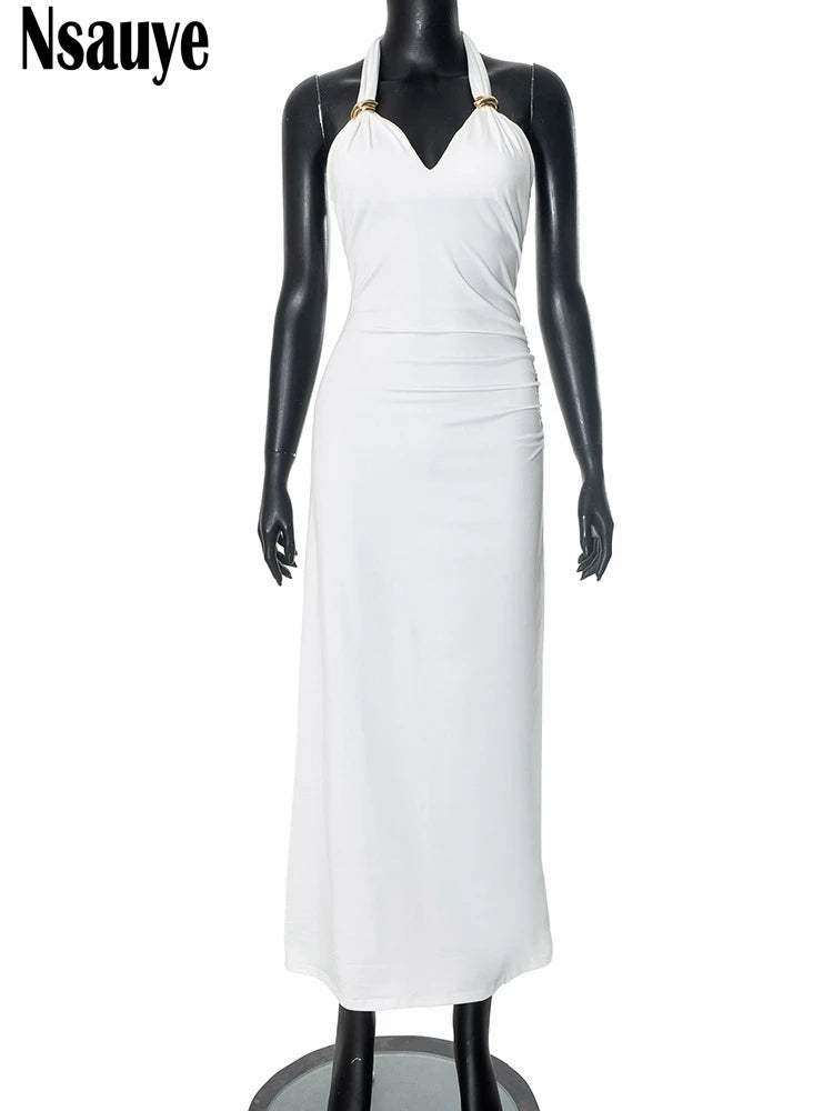 Nsauye 2025 Summer Weomen New Fashion White Simple Temperament Long Dress Sexy Backless Slim Evening Party Low Cut Sundress Club