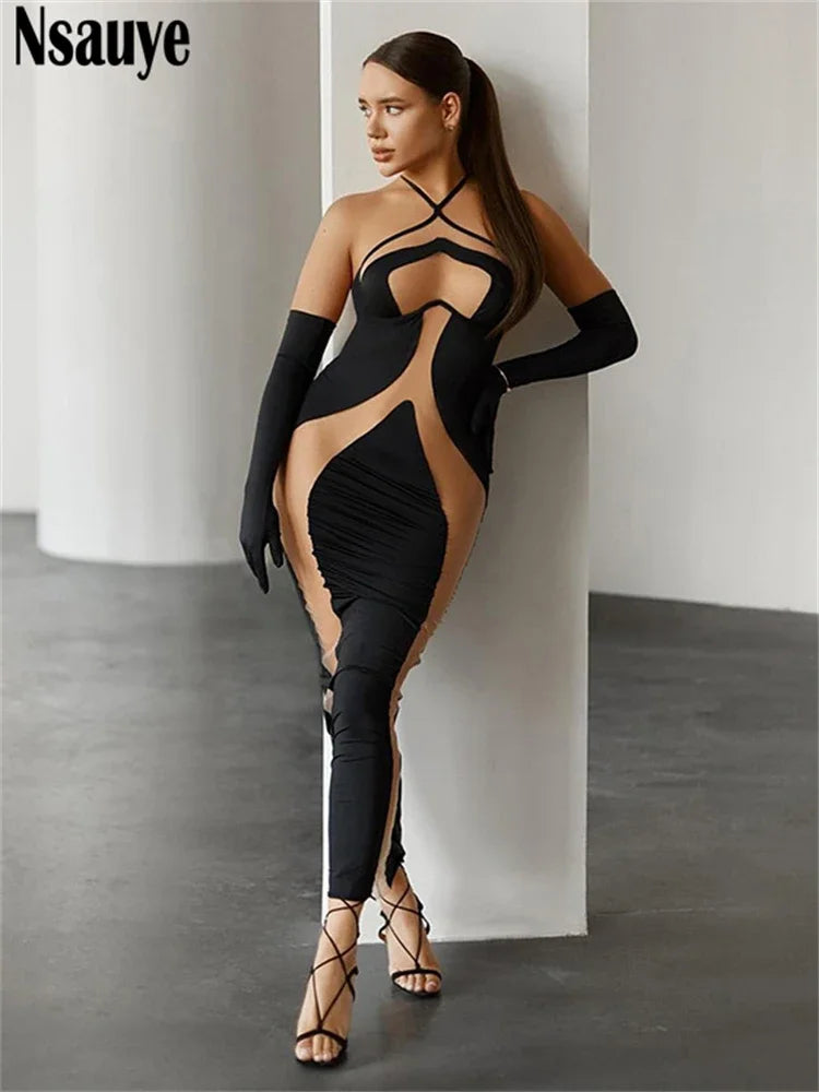 Nsauye Sexy Halter Women Night Club Y2K Striped Evening Party Long Dress Bodycon Backless Chic Fashion Elegant Hollow Out Dress