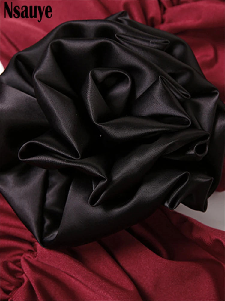 Nsauye New Fashion Sexy Women Elegant Party Dress Evening Cut Out Flower Night Club Red Female Long Sleeve Ruched Dress 2024