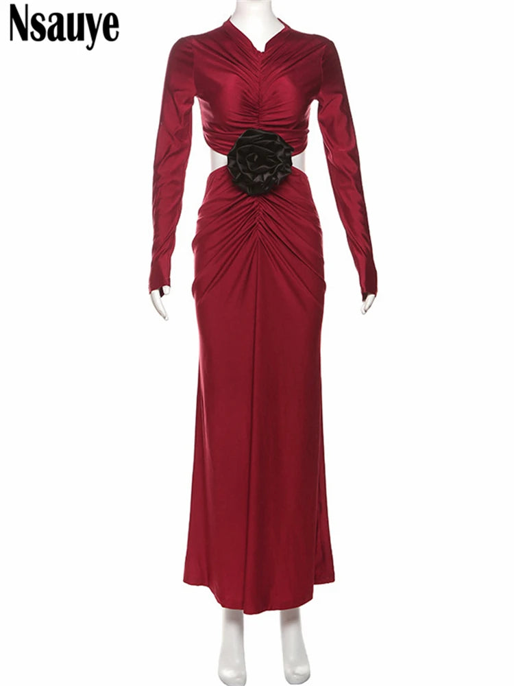 Nsauye New Fashion Sexy Women Elegant Party Dress Evening Cut Out Flower Night Club Red Female Long Sleeve Ruched Dress 2024