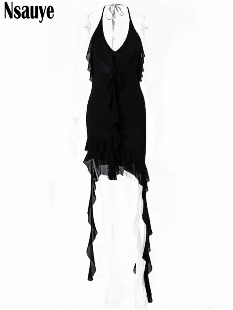 Nsauye 2023 Sexy Backless Women Lace Up Ruffles Halter Off Shoulder Mini Dress Club Fashion Party Evening Black Y2K Dress Summer