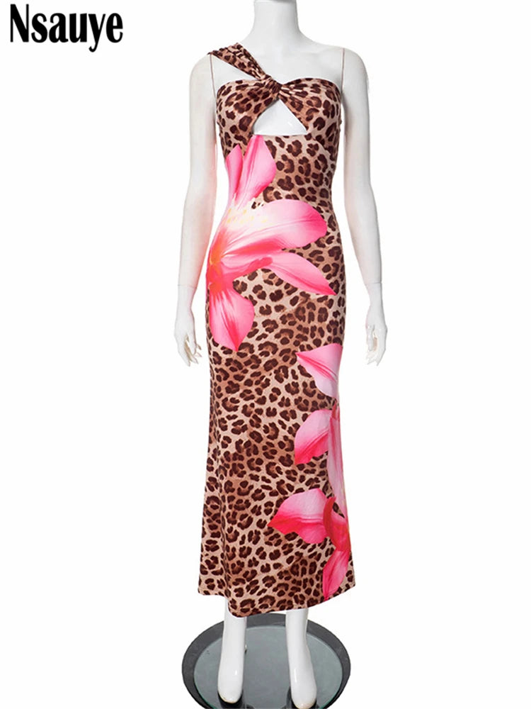 Nsauye Evening Elegant Dress Women Long Hollow Out Sexy Party Night Club Leopard Sleeveless Maxi Wrap Summer Club Dress 2025