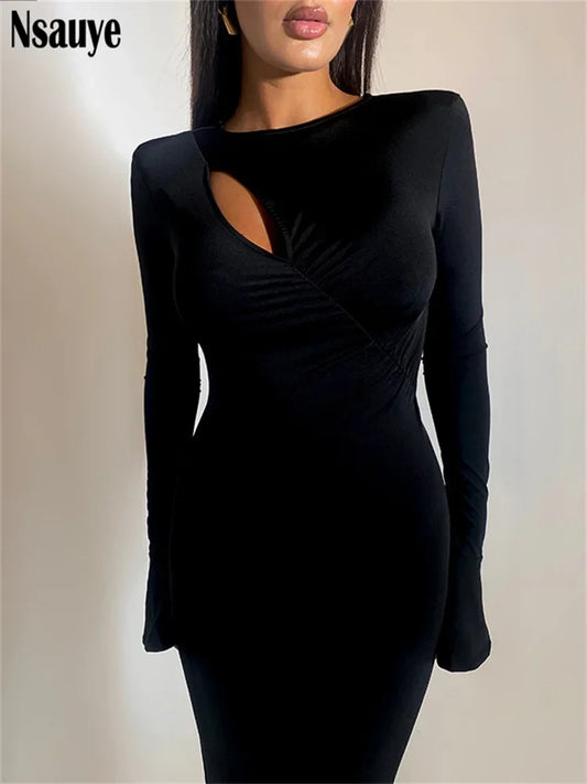 Nsauye Hollow Out Sexy Long Flare Sleeve Sexy Long Dresses For Women 2023 Winter Solid Elegant Evening Party Dress Ladies Robe