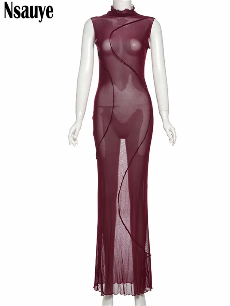 Nsauye Women Summer Pullover Chic Vintage Mesh Long Sexy Club Dress Night Fashion Evening Party Elegant See Through Dress 2025