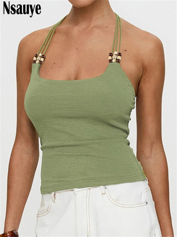 Nsauye Sexy Women Skinny Halter Night Club High Streetwear Beading Camis Tank Tops Casual Summer Y2K Crop T Shirt Tops 2025