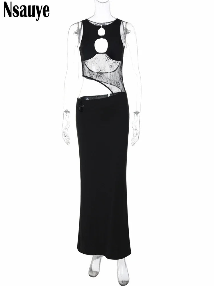 Nsauye Women Winter Clothes Pullover Sleeveless Low Cut Out Mesh Fashion Elegant Long Warp Dress Sexy Evening Party Club Dresses