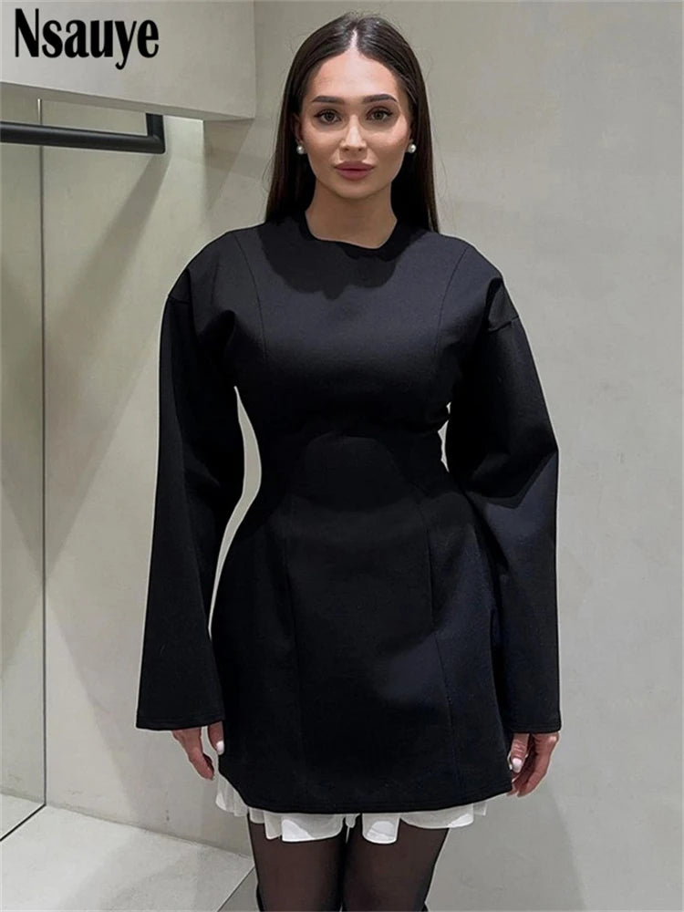 Nsauye Women Mini New Fashion Elegant Slim A-Line Dress Long Sleeve Dress High Waisted Evening Party Sexy Club Ladies Dress 2024