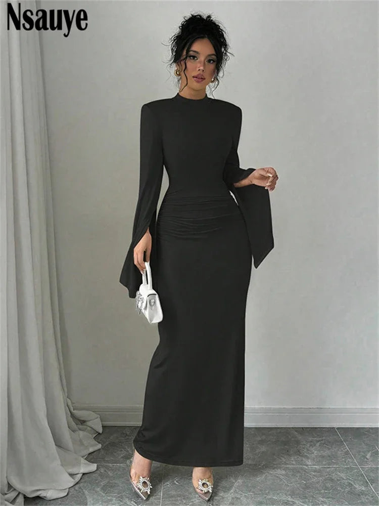 Nsauye 2024 Winter Sexy Elegant Party Dress For Women Vintage Clubwear Evening Birthday Holiday Long Sleeve Wrap Maxi Dresses