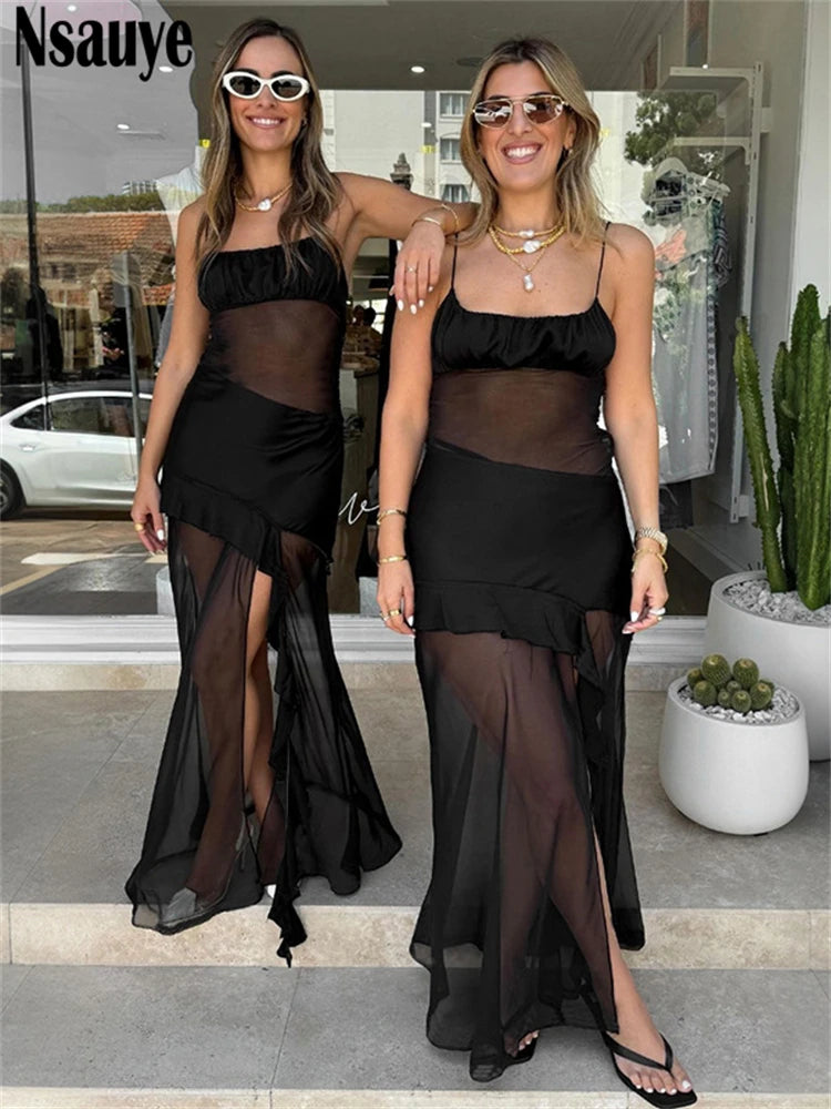 Nsauye Sexy Women High Split Ruffles Long Beach Summer Holiday Elegant Evening Dress Pink Wrap Fashion Club Party Dress 2025