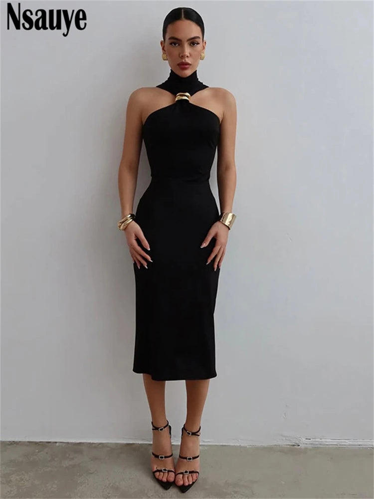 Nsauye Women Sexy Evening Party Fashion Elegant Night Club Black Halter Dress 2025 Summer Off Shoulder Bodycon Midi Dress Outfit